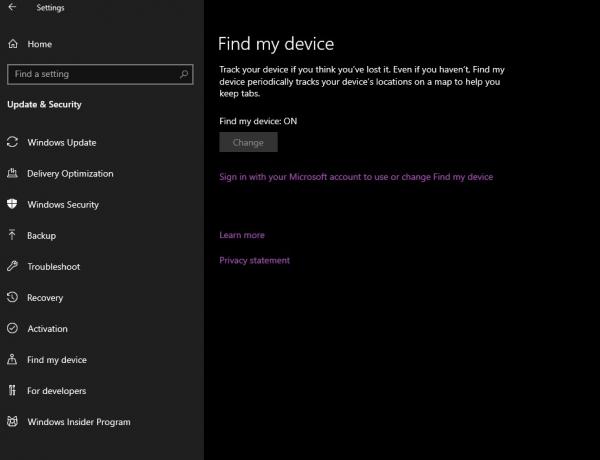 Postavka Windows Find My Device na snimci zaslona sustava Windows 10