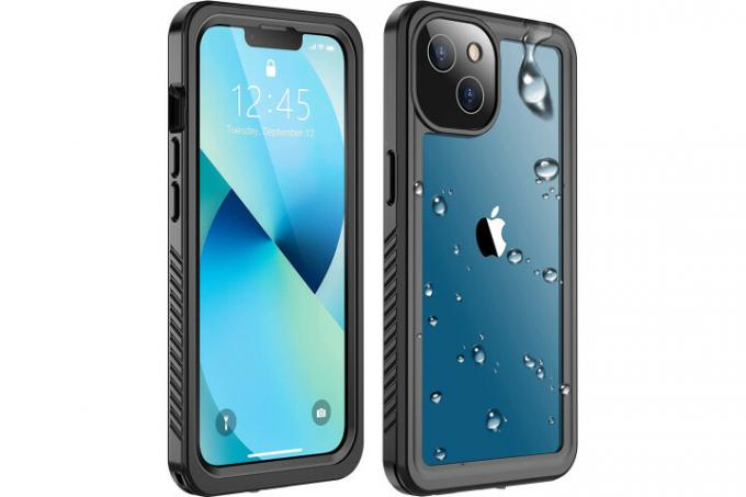 נרתיק עמיד למים Spidercase לאייפון 13, מציג את החלק הקדמי והאחורי של המארז.