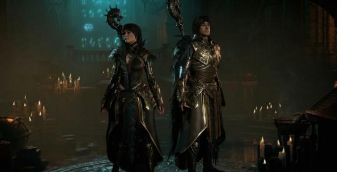 Diablo IV-personages staan ​​in een kathedraal.