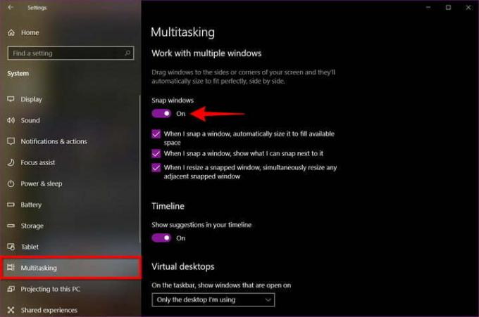 Windows 10:s multitasking-inställningar.