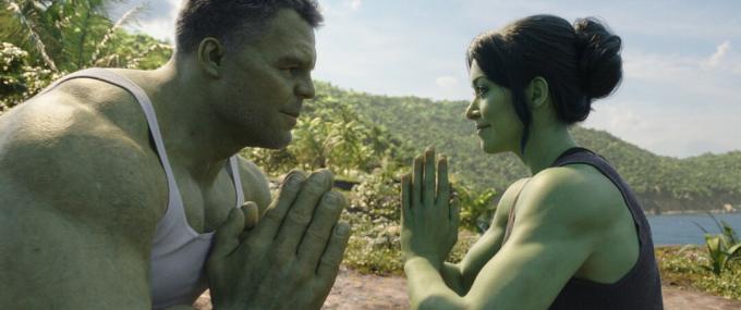 Bruce Banner a Jennifer Walters, Hulk a She-Hulk, meditují, zatímco stojí proti sobě.