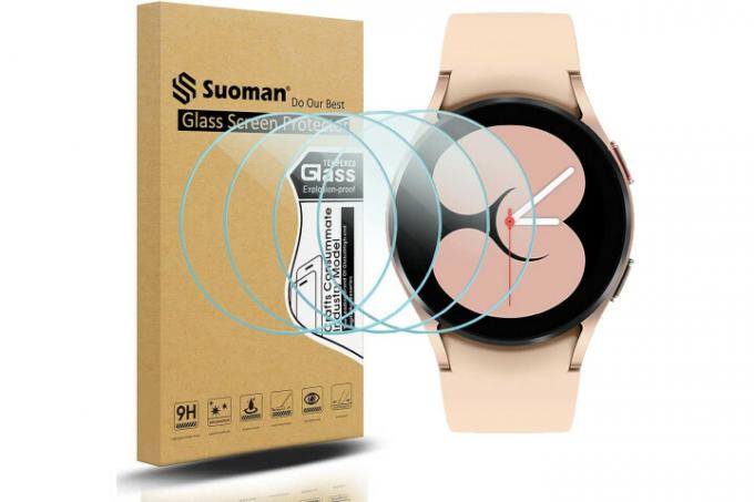 Ochraniacz ekranu ze szkła hartowanego Suoman pokazany na różowym zegarku Galaxy Watch 4.