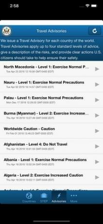 Screenshot dell'app Smart Traveller che mostra gli avvisi di viaggio