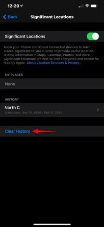 iOS 14 Merkittävät sijainnit Tyhjennä historia