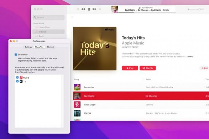 Το Apple Music και το παράθυρο προτιμήσεων FaceTime σε Mac με MacOS Monterey.