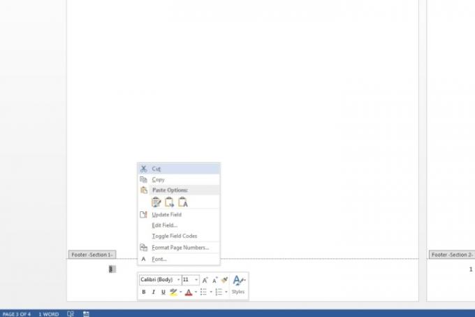 Eliminazione di un numero di pagina dal piè di pagina in Microsoft Word.