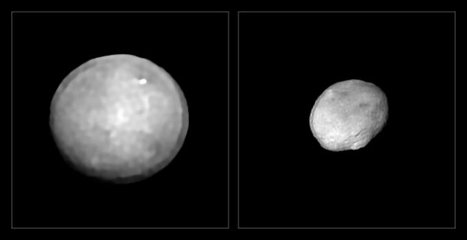 Ceres och Vesta, de två största objekten i asteroidbältet mellan Mars och Jupiter, cirka 940 och 520 kilometer i diameter. 