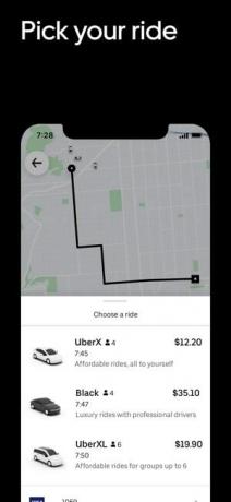 Zrzut ekranu przedstawiający opcję Wybierz przejazd w aplikacji Uber