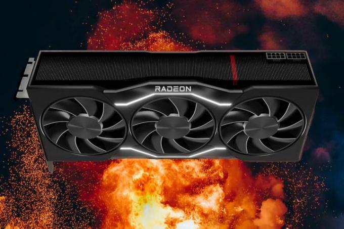 AMD Radeon RX 7900 XTX svävar över en rasande eld.