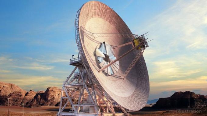 Deep Space Network Konsep artis ini menunjukkan apa yang dimaksud dengan Deep Space Station-23, antena parabola baru yang mampu mendukung keduanya gelombang radio dan komunikasi laser, akan terlihat seperti saat diselesaikan di Deep Space Network's Goldstone, California, kompleks.