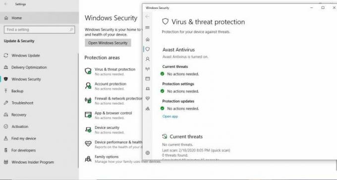 Kuva Windows 10:n suoja-aluevalikosta