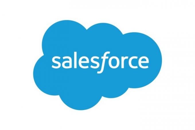 Salesforce logotips uz balta fona.
