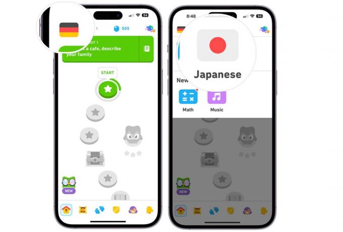 Ein Screenshot, der die Schritte zeigt, die zum Wechseln der Sprache in der Duolingo-App erforderlich sind. 