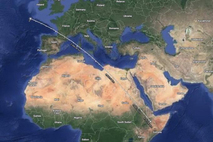 Den omtrentlige ruten tatt av ISS, fra like sør for Irland til Afrikas Horn rundt 4300 miles unna.
