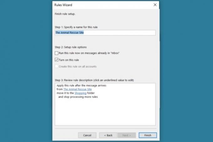 Zadnji koraki za dokončanje nastavitve Outlookovega pravila.