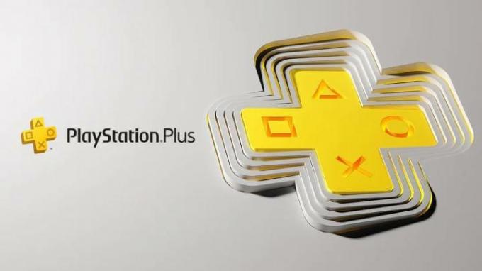 Sonys PlayStation Plus-Logo in Gelb auf grauem Hintergrund.