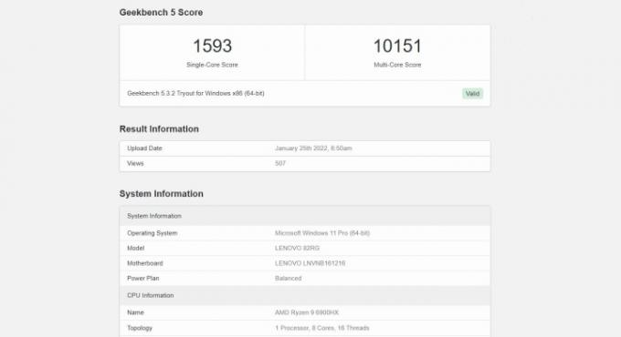 Geekbench-resultat för AMD Ryzen 9 6900HX APU.