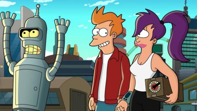 Bender, Fry a Leela vo Futurame.