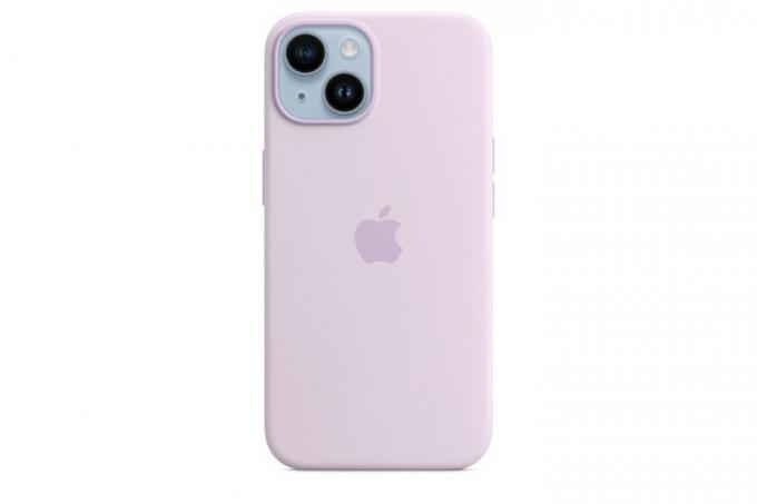 Capa de silicone para Apple iPhone 14 com MagSafe em lilás.