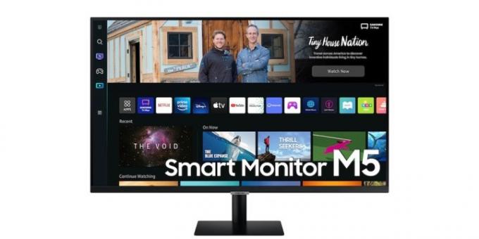 27palcový chytrý monitor Samsung M50B FHD zobrazující své chytré funkce na bílém pozadí.