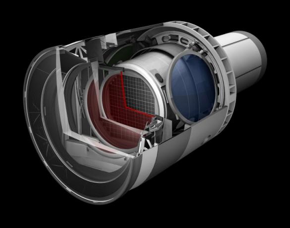 Візуалізація базового дизайну камери LSST із вирізом, щоб показати внутрішню роботу.