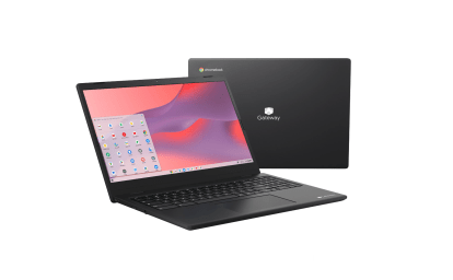 „Gateway Chromebook“ yra šoniniu kampu su kitu už jo.