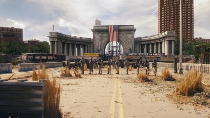 תמונה מסדרת DMZ בהשתתפות שחקנים על רקע עיר לאחר שנוצרו עבורה אפקטים חזותיים.