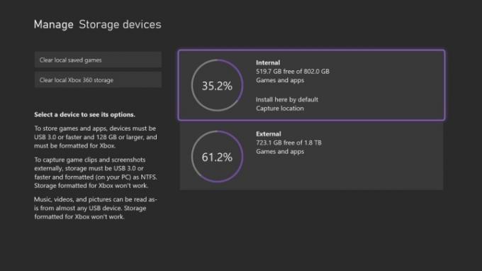 Меню управления устройствами хранения данных на Xbox Series X