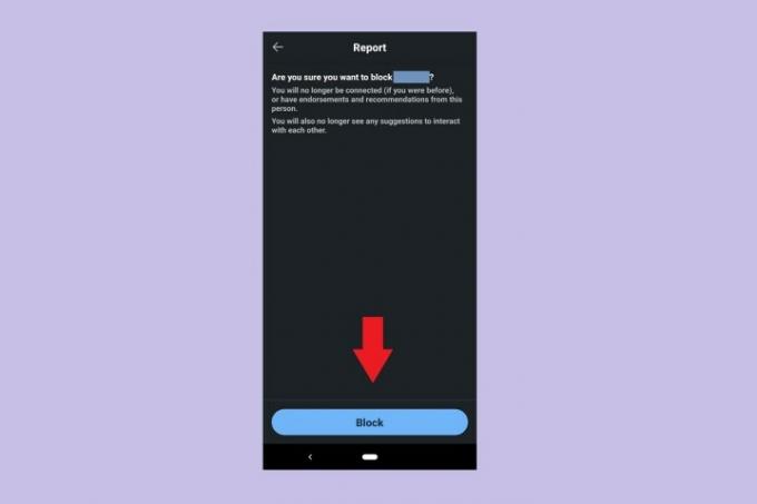 Bestätigungsbildschirm für die Schaltfläche „Blockieren“ in der mobilen LinkedIn-App für Android.