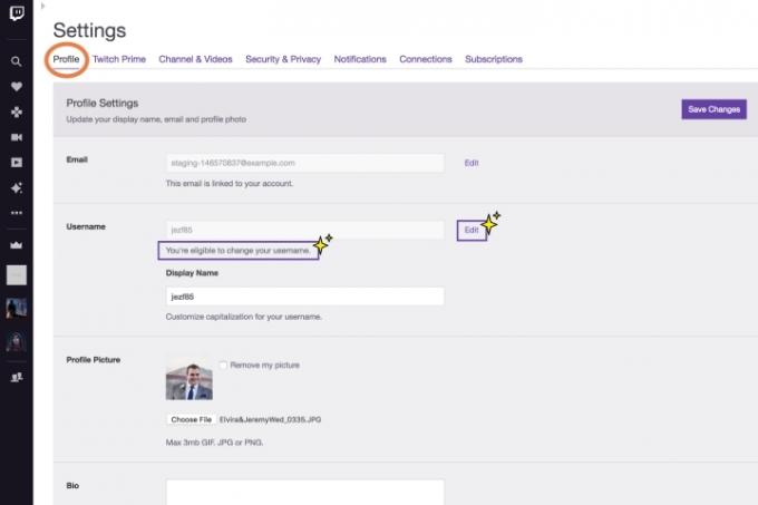 Het venster voor het wijzigen van je Twitch-gebruikersnaam.