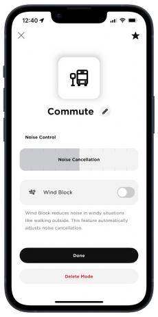 Приложение Bose Music для iOS: режим «Коммутация» с отключенным 50% шумоподавлением и блокировкой ветра.