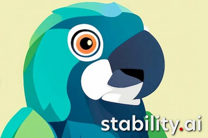 Logotip Stability AI se pojavi skupaj z njegovo maskoto stohastično papigo.