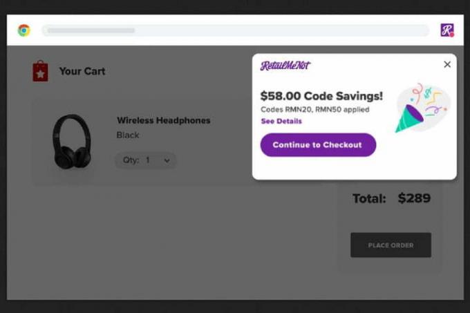 Captura de pantalla de la extensión del navegador RetailMeNot del desarrollador que muestra la extensión en uso.
