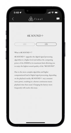 Aplikace Final Connect pro iOS zobrazující 8K zvukovou obrazovku.