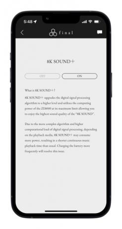 Aplicativo Final Connect para iOS mostrando tela de som de 8K.
