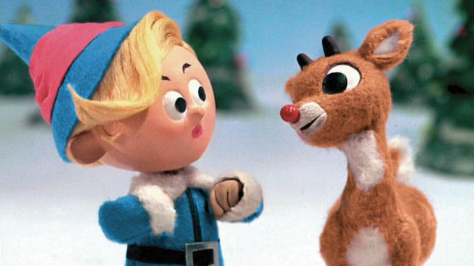 Rudolph a Hermey v Rudolfovi sobovi s červeným nosem.