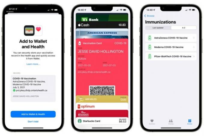 新型コロナウイルスワクチン接種カードを Apple Wallet に追加する方法を示す 3 つの画面。