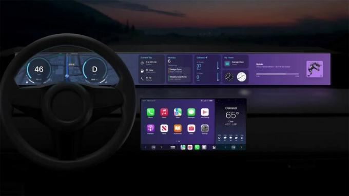 Grafické znázornění rozhraní Apple CarPlay. 