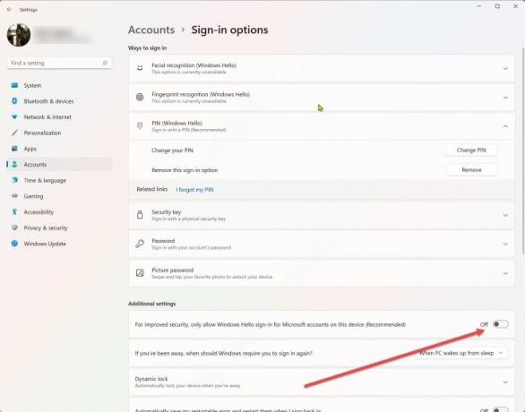 Στιγμιότυπο οθόνης που δείχνει πώς να απενεργοποιήσετε το Windows hello pin για λογαριασμό microsoft.