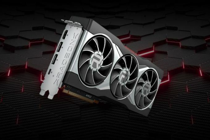 AMD Radeon RX 6900 grafikkort svävar över en AMD röd och svart bakgrund.