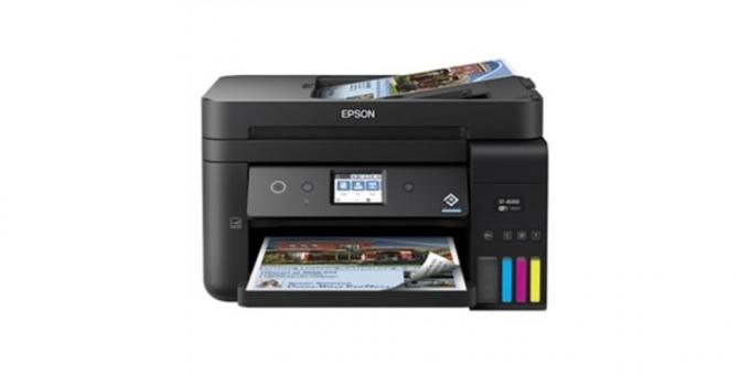 흰색 배경에 Epson WorkForce ST-4000 컬러 MFP 슈퍼탱크 프린터.