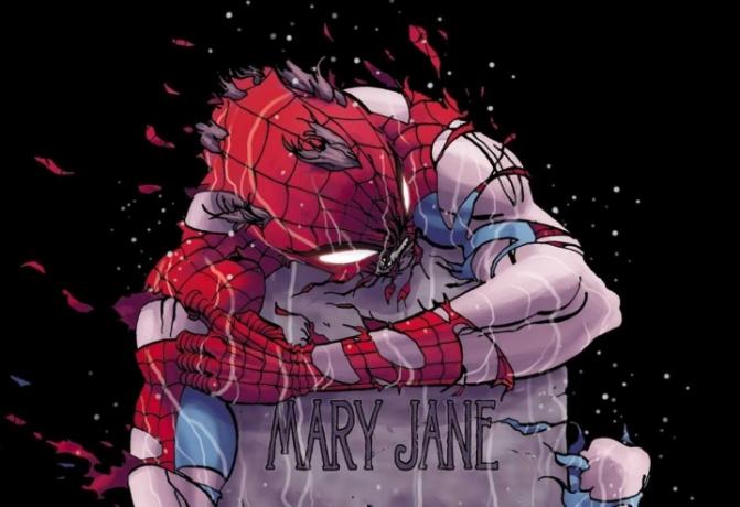 Spider-Man sosteniendo la lápida de Mary Jane en la portada de 