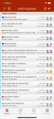 Screenshot dell'app Terremoto che mostra un elenco di terremoti e la loro magnitudo