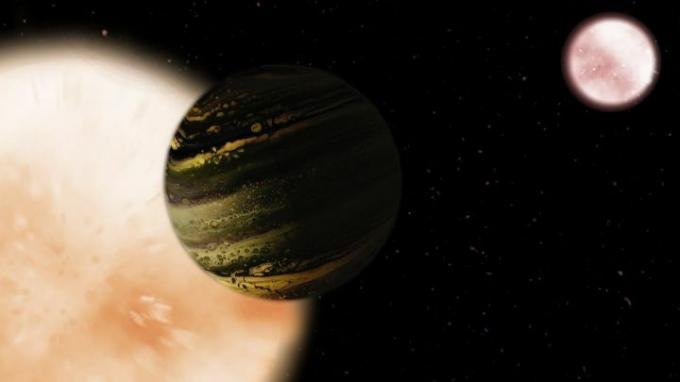 Ilustrace TIC 172900988b, planety obíhající kolem dvou hvězd.