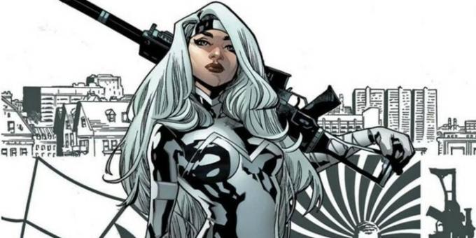 Silver Sable, bir Marvel çizgi romanında silah tutuyor.