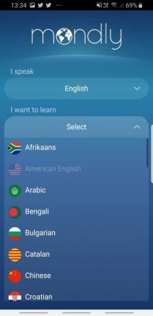 Sprachauswahlbildschirm der Mondly-Sprachlern-App