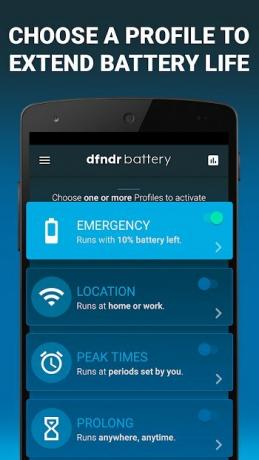 다양한 프로필과 배터리 수명을 연장하려면 프로필을 선택하라는 텍스트가 포함된 Dfndr 앱입니다.