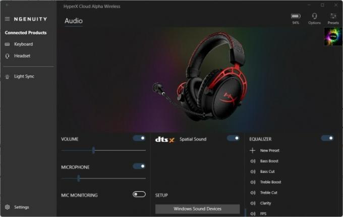 Программное обеспечение Ngenuity для гарнитуры HyperX Cloud Alpha Wireless.