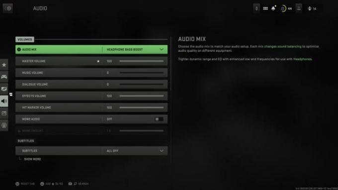 Meniul audio în Modern Warfare II.