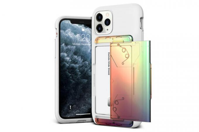 A foto mostra a vista frontal e traseira de um iPhone 11 Pro em uma capa Damda Glide Shield Gradient da VRS Design - a capa tem acabamento iridescente